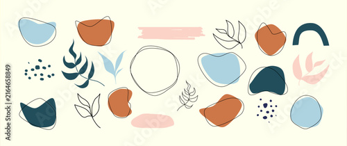 Boho organic shapes and botanical line art set. Abstract blobs, leaves, and arches on cream. Minimal aesthetic vector