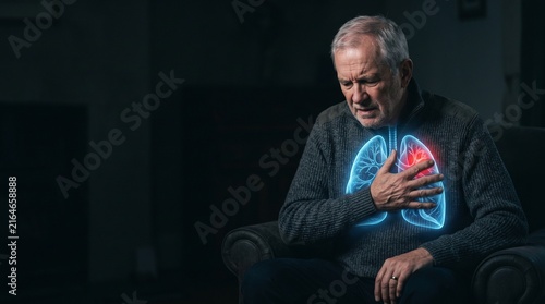 Senior Man Holding Chest with Glowing Heart and Lung Medical Illustration, Chest Pain, Heart Attack Warning, Cardiovascular Disease, Respiratory Problem, Cardiac Emergency and Healthcare Concept