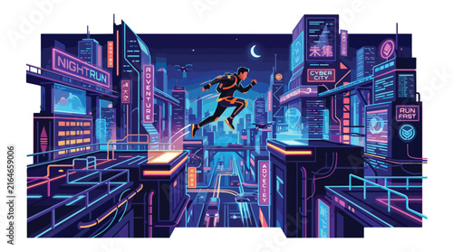 A male character jumping through the air in a futuristic setting.