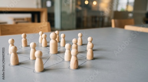  Wooden People Group Connected in Business Network on Office Table, Teamwork, Organization, Collaboration, Human Resources, Social Connection, Corporate Communication and Team Management Concept