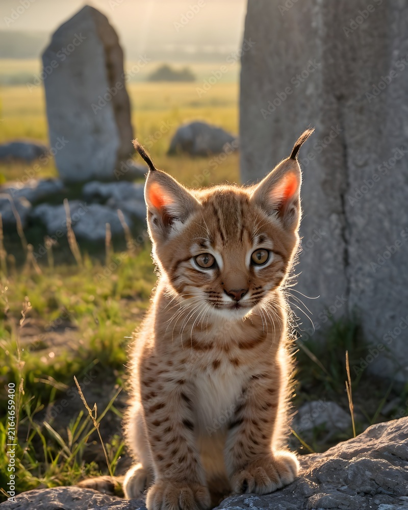 Naklejka premium A Balkan lynx genetic hybrid experiment fantasy animal, fictional species in a monolith field