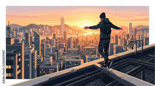 A man standing on the edge of a building rooftop.
