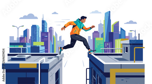 A man jumping between two rooftops in a city.