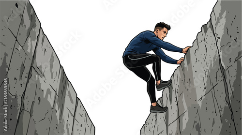 A man rock climbing up a steep stone cliff.