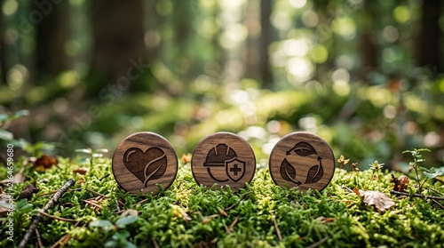 Sustainable Health and Eco Lifestyle Icons on Green Moss in Forest, Wellness, Clean Energy, Ethical Living, Nature Conservation, Environmental Care, Organic Future and Sustainability Concept