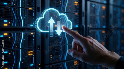 Plakat Cloud Computing Data Transfer and Storage Concept with Server Room Background