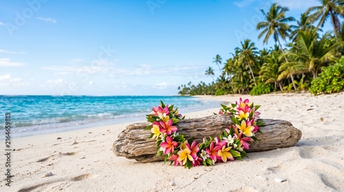  Colorful Tropical Flower Lei on Driftwood at Turquoise Beach, Blue Ocean and White Sand Paradise, Hawaiian Vacation, Summer Travel, Island Resort, Polynesian Culture and Exotic Holiday Background