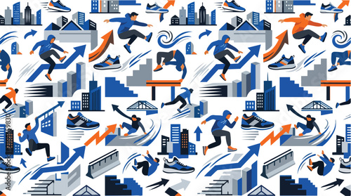 Seamless pattern with parkour athletes running and jumping in the city.