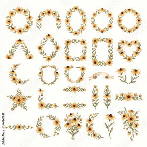 Watercolor Black Eyed Susan Floral Frames, Wreaths, Borders and Botanical Elements Collection