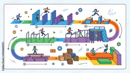 Illustration of a colorful obstacle course with people exercising and overcoming challenges.