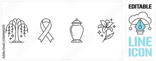 Editable line icon set in a black simple and clean vector customisable outline stroke for funeral memorial, weeping willow tree, mourning ribbon, cremation ashes urn and white lily flower concept.