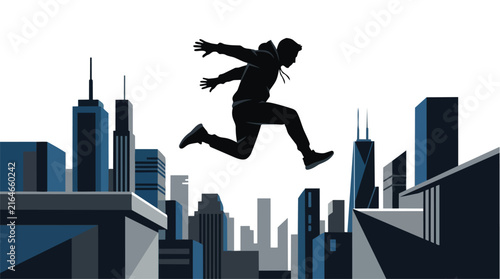 Silhouette of a man performing a parkour jump between buildings.