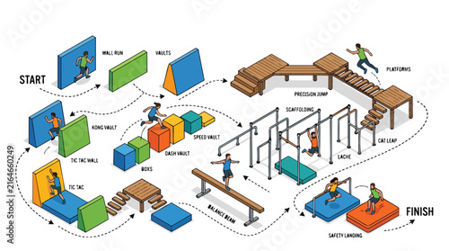Isometric obstacle course illustration with people training on parkour equipment.