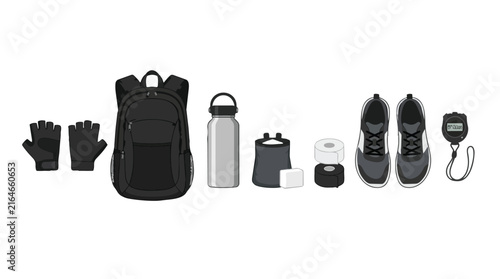 Set of black sports and fitness training equipment isolated on white.