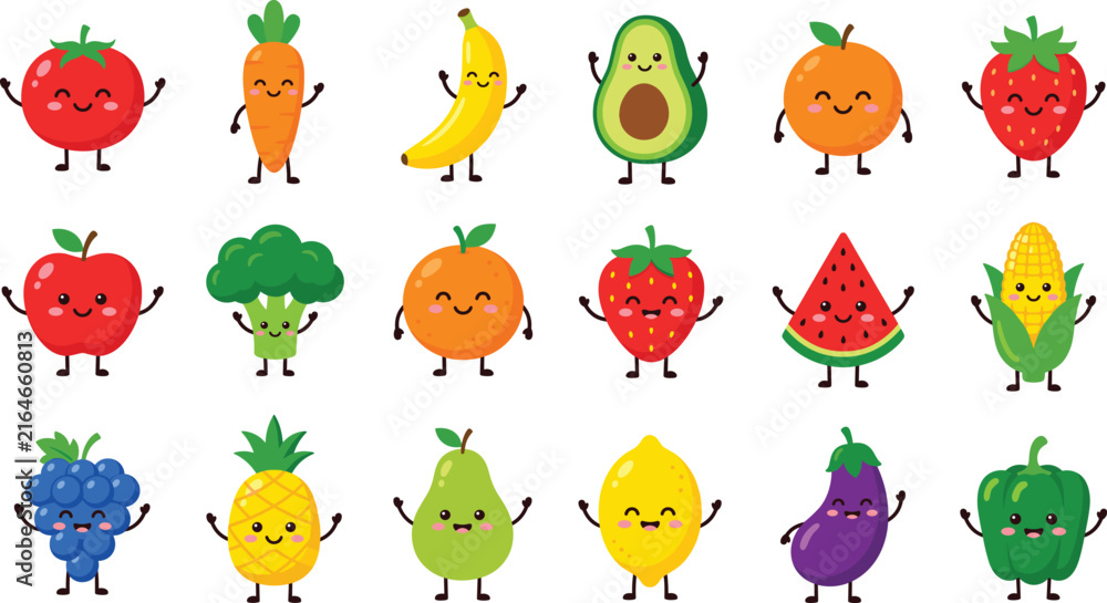 Obraz premium Cute cartoon fruits and vegetables characters set with happy faces vector illustration.