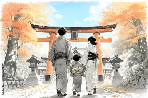 紅葉が色づく秋の神社の境内で鳥居に向かって仲良く手を繋いで歩く着物姿の家族3人の後ろ姿