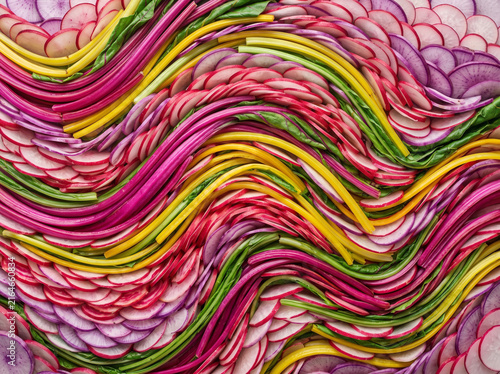 Flowing Wavy Pattern of Chard Stems and Sliced Radish