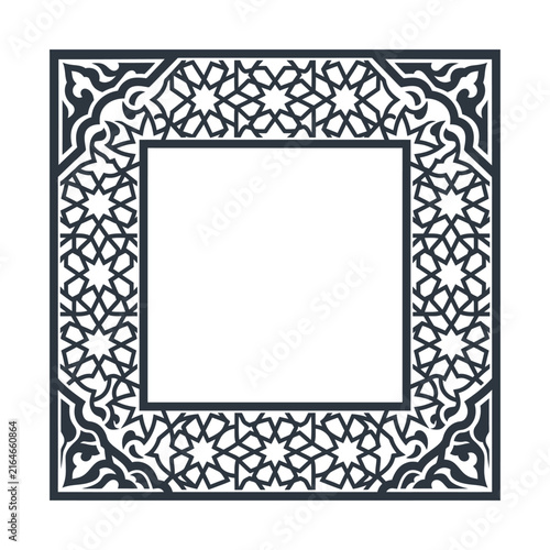 Islamic geometric frame, black square oriental border with arabesque patterns, traditional middle eastern vector art
