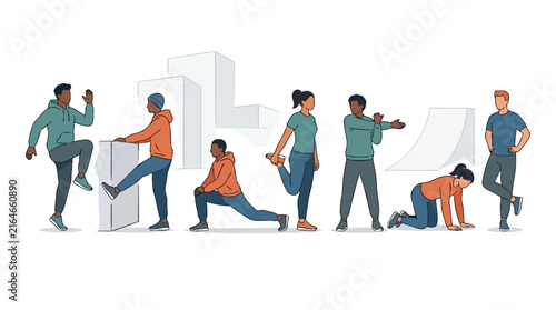 Diverse group of people performing various warm up and stretching exercises.