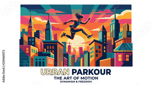 A silhouette of an athlete performing a parkour jump in mid-air.