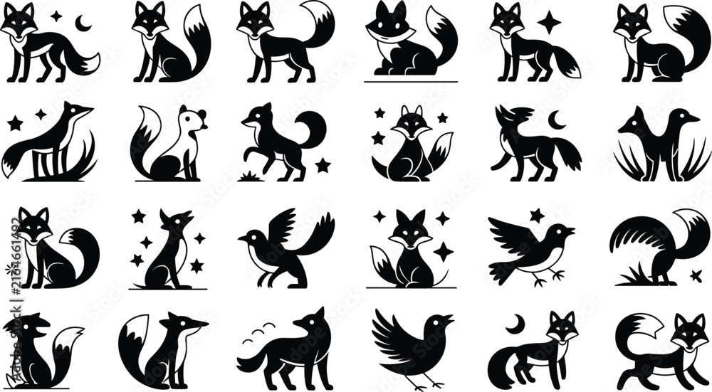 Fototapeta premium Black Fox Silhouette and Wildlife Animal Icon Set Isolated on White Background