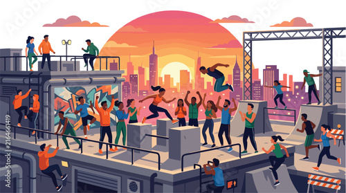 Diverse group of young people engaging in parkour and fitness activities on an urban rooftop.