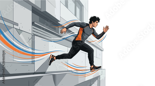 A determined young man sprinting forward with high energy and speed.