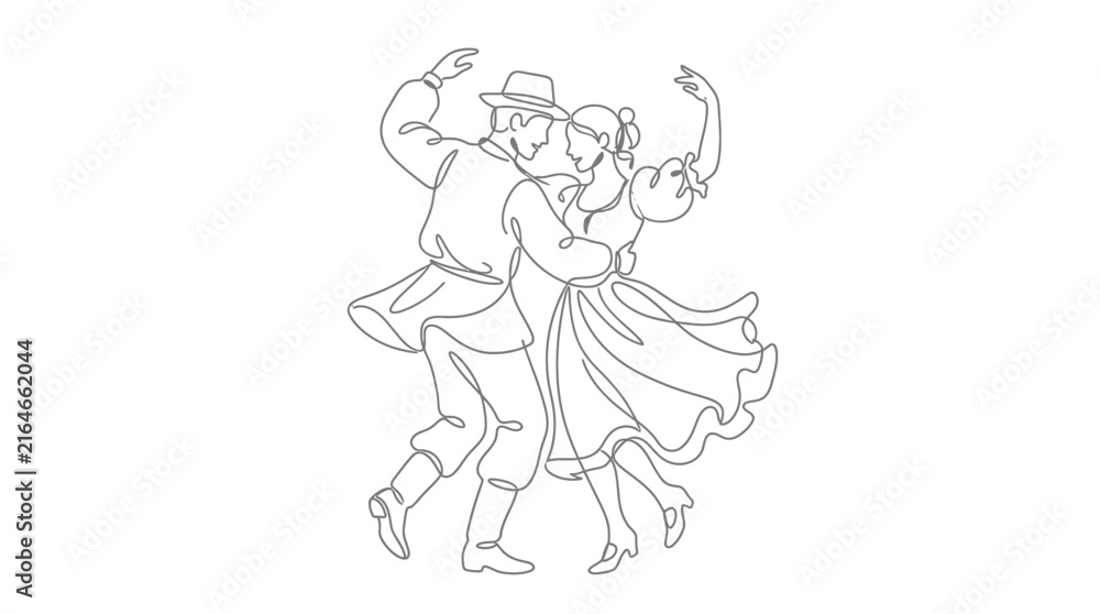 Fototapeta premium Continuous line drawing of a couple performing a traditional folk dance