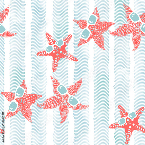Cute cartoon starfish in sunglasses on blue watercolor waves. Stylish vector pattern on the theme of beach holidays and vacations. Perfect for design templates, wallpaper, wrapping, fabric and textile