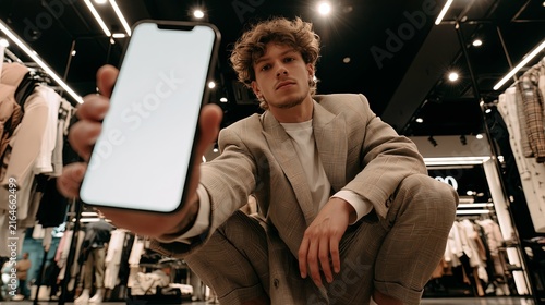 Young man holding phone with blank screen in fashion store. Young man holding phone with blank screen for promotion in modern fashion retail store