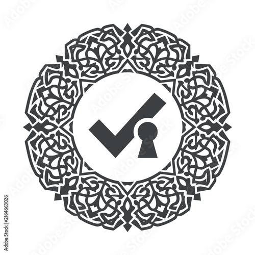 Islamic geometric mandala with check mark and keyhole, halal certified seal vector, black arabesque circular pattern