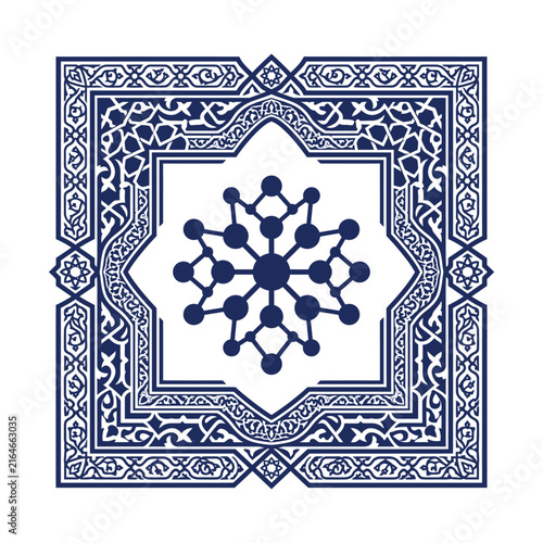 Islamic geometric pattern vector, blue arabesque frame with central star motif, traditional oriental border design