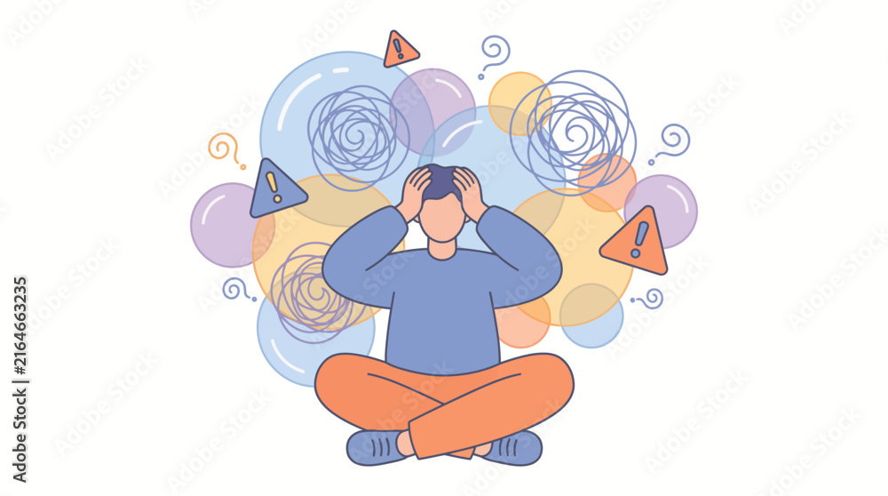 Fototapeta premium Man Experiencing Mental Health Crisis and Anxiety With Overthinking Stress Symbols