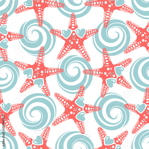 Cute cartoon starfish in sunglasses on blue decorative waves. Stylish vector pattern on the theme of beach holidays and vacations. Perfect for design templates, wallpaper, wrapping, fabric and textile