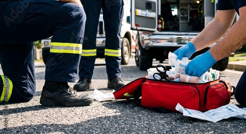 Paramedics in navy blue uniforms organizing medical supplies in red equipment bag on asphalt during street scene.