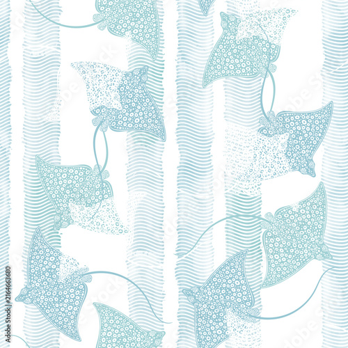 Seamless vector pattern with stingrays and waves on blue watercolor background. Sea stylish background. Perfect for wallpaper, wrapping, fabric, print and textile.
