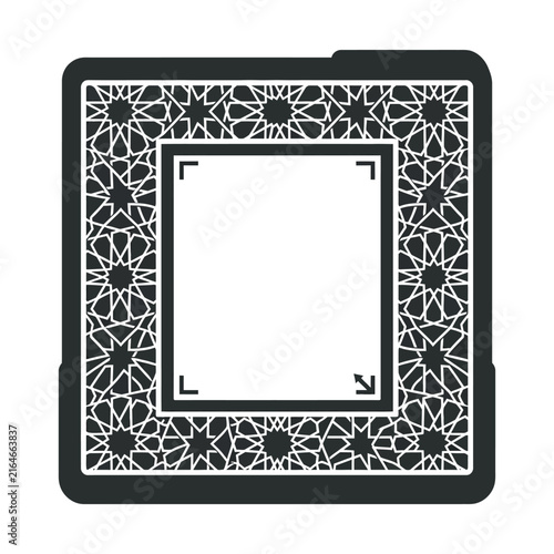 Islamic geometric frame vector, ornate arabic pattern border, black and white laser cut template for invitation card