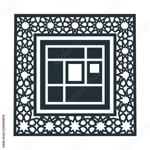 Islamic geometric frame with Kaaba silhouette. Arabic star pattern border. Black and white religious vector icon.