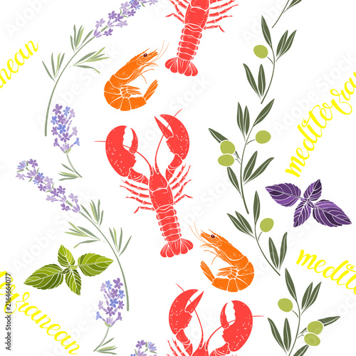 Stylish vector pattern with lobster, shrimp, lavender, olive branches, basil, and lettering on white. Mediterranean vibe. Color. Perfect for design templates, wallpaper, wrapping, fabric and textile.