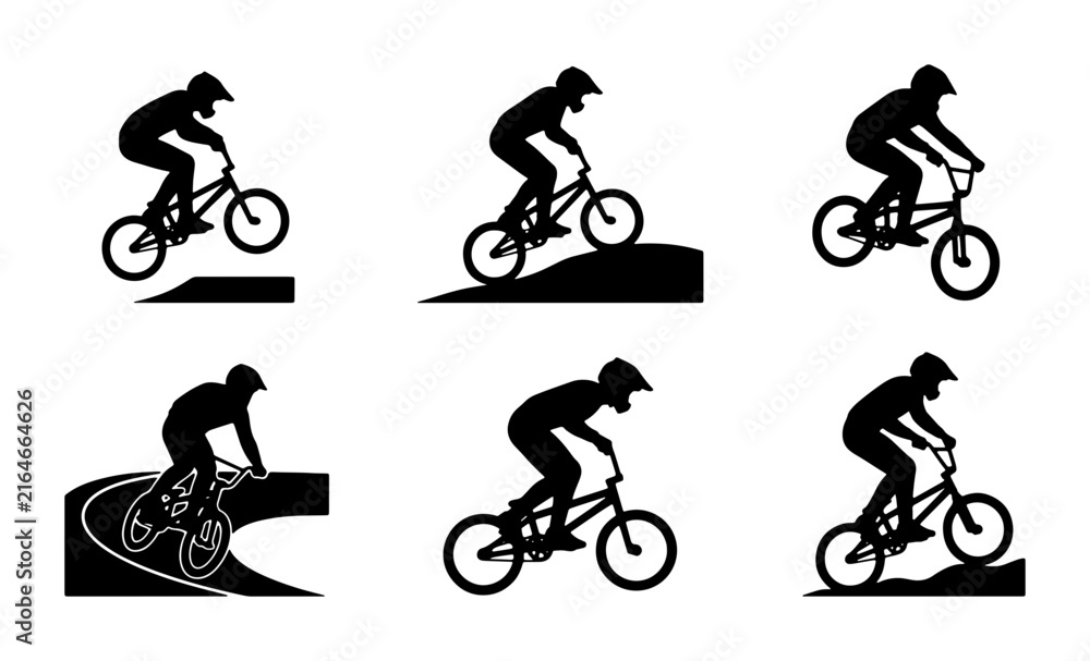 Fototapeta premium BMX Bicycle Silhouettes, Extreme Sports Action Poses, Dynamic Cycling Vector Graphics, Rider Performing Tricks on Bike