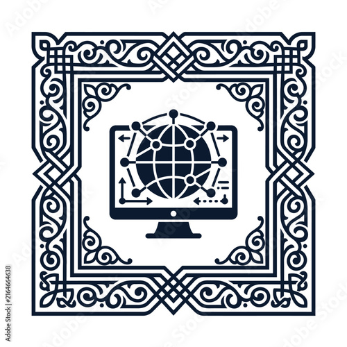 Vintage ornate frame with global network monitor icon. Antique border surrounding digital world map on computer screen.