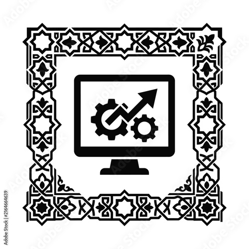 Islamic business growth icon, computer monitor with gears and arrow, black and white geometric arabesque frame vector