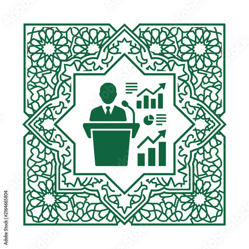 Islamic business speaker icon, green geometric arabesque frame, professional conference presentation vector graphic