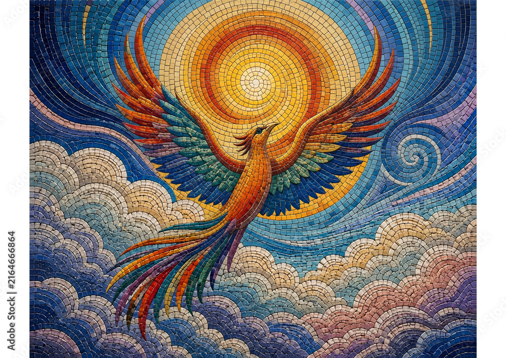 Fototapeta premium A colorful phoenix bird flying in the night sky with glowing stars and clouds