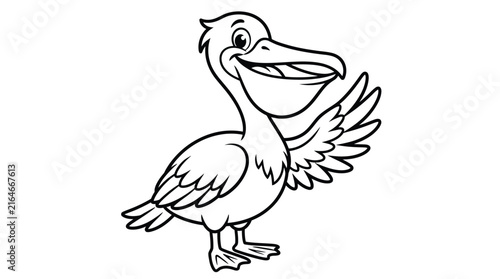 Cheerful cartoon pelican standing and waving its wing in this simple black and white drawing illustration