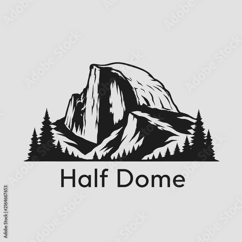 Half Dome Yosemite National Park minimalist black and white mountain logo with pine trees