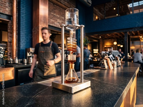Cold drip coffee tower apparatus brewing specialty coffee on the counter of a modern cafe with a barista in the background