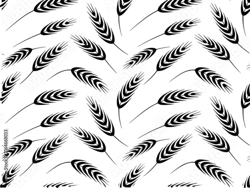 Seamless pattern featuring stylized black wheat ears on a white background for decorative textile projects