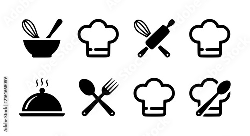 Set of black and white cooking and kitchen featuring chef hats, utensils, and food service symbols