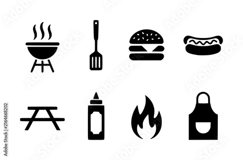Set of black and white representing barbecue, grilling equipment, fast food, and outdoor picnic